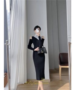 ニットワンピース | ワンピース 秋 秋服 レディース ニット ロングワンピース ロング 長袖 肩出し 秋冬 バイカラー 送料無料 セクシー お出かけ 暖か フェミニン デート