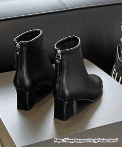 ショートブーツ | レディース 裏起毛なし 裏起毛あり スクエアトゥ ブーツ チャンキーヒール 太ヒール 後ろファスナー 大人 シューズ 通学通勤 靴 ミドルヒール