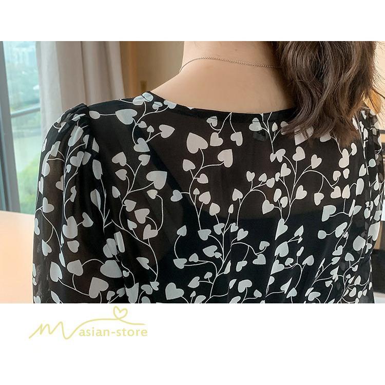 マキシ | ワンピース レディース マキシワンピース 小花柄 Vネック 半袖 5分袖 サマーワンピース シフォン Aラインワンピース 春 エレガント 夏 ウエストゴム ロング丈