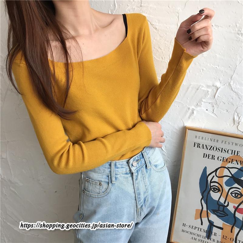 ニット・セーター | カットソー ニット レディース リブニット 長袖 秋冬 春 トップス スリム ストレッチ インナー 無地 長袖ニット 着痩せ 長袖カットソー 通学通勤 プルオーバー