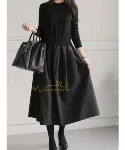 マキシ | ニットワンピース ドッキングワンピース 無地 チェック柄 黒 グレー 切り替え ワンピース 秋冬 フレアスカート 長袖 ニットトップス 切替 フェイクレイヤード