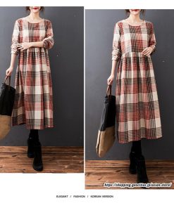 マキシ | チェック柄ワンピースリネン風 長袖ワンピース 30代レディース秋物長袖 綿麻風 ゆったり ゆるシルエット 大人 可愛い 通学通勤 リネンワンピ チェック柄 50代