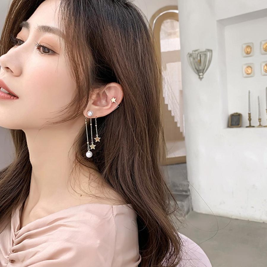 その他アクセサリー | イヤーカフピアス ロング イヤークリップ パール イヤーカフ レディース アシンメトリー 星モチーフ チェーンピアス