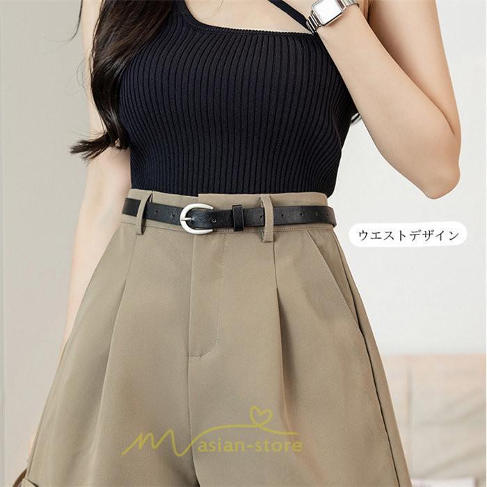 ショートパンツ | パンツ 無地 ベルト 美脚 カジュアル シンプル レディース 春 夏 ベルト付ボトムス お出かけ 日常 ズボン ゆったり 短パン