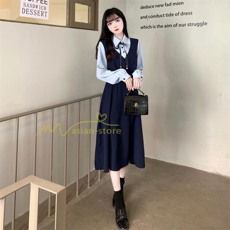 マキシ | ロングワンピース 秋物 レディース ミモレ丈 Aラインワンピース 切り替え フェイク レイヤード風 お呼ばれワンピース 30代40代 着やせ シャツカラー 重ね着風