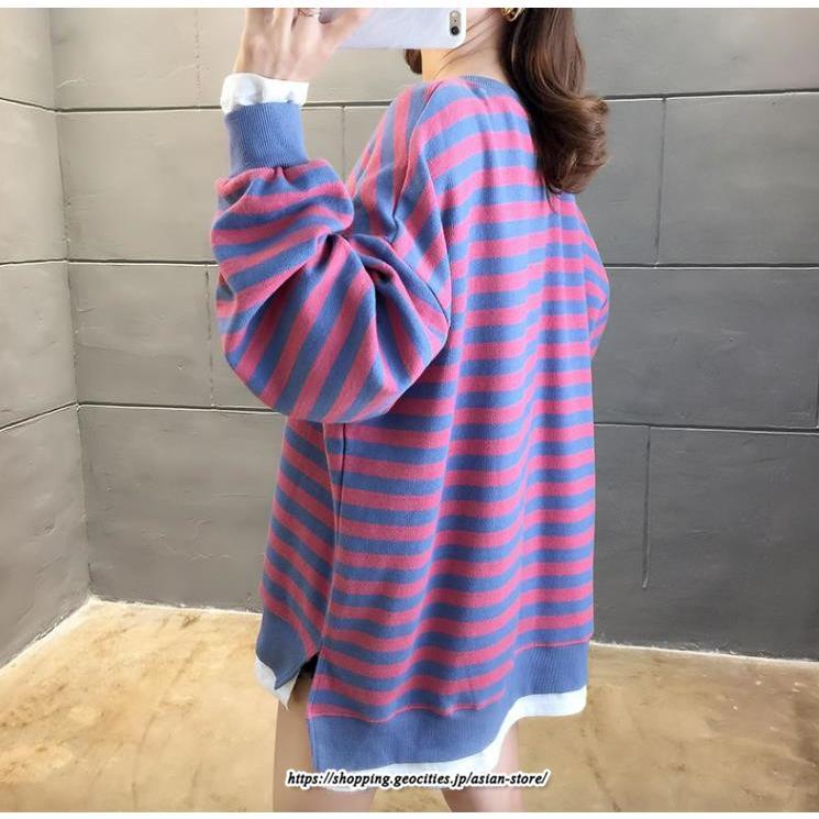 パーカー | 重ね着風トレーナー レディース 長袖 トップス カジュアル スウェット ボーダー柄 ゆったり トレーナー トップス 切り替え 可愛い きれいめ レイヤード風