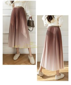 スカート | プリーツロングミモレ丈 グラデーションAラインウエストゴム ハイウエスト 秋冬 無地 ゆったり 大人 通学通勤