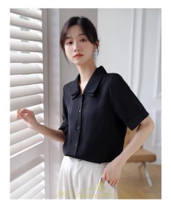 シャツ・ブラウス | トップス ブラウス 半袖 シャツ レディース オフィス フォーマル 白 黒 開襟 二重襟 バブルスリーブ 着痩せ フランス風 仕事服 クラシック 無地 通勤 大人 上品