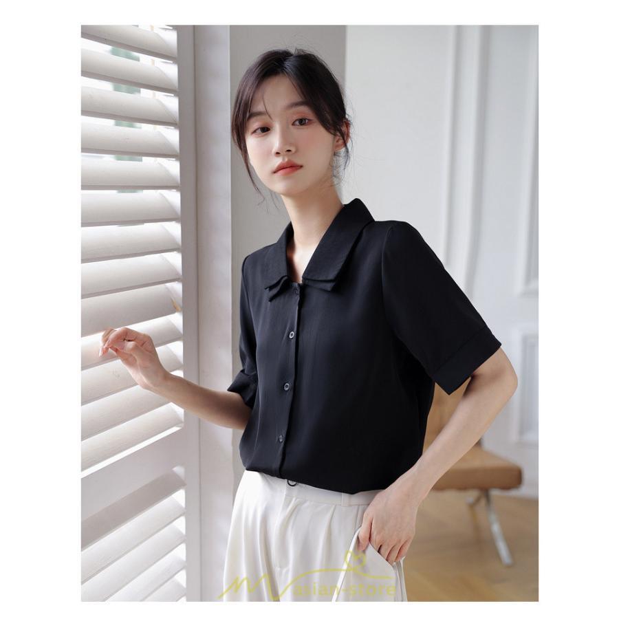シャツ・ブラウス | トップス ブラウス 半袖 シャツ レディース オフィス フォーマル 白 黒 開襟 二重襟 バブルスリーブ 着痩せ フランス風 仕事服 クラシック 無地 通勤 大人 上品