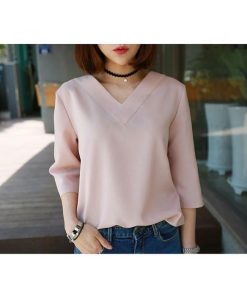 シャツ・ブラウス | シャツブラウス レディース シャツ 五分袖 Vネック 無地 トップス カットソー 可愛い 大人 30代 40代 50代 フォーマル ピンク 白 ブルー オフィス