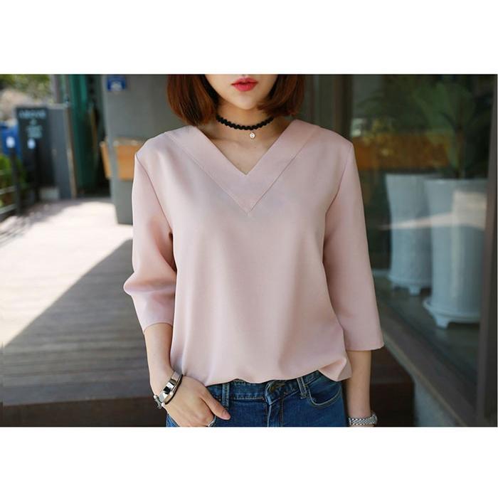 シャツ・ブラウス | シャツブラウス レディース シャツ 五分袖 Vネック 無地 トップス カットソー 可愛い 大人 30代 40代 50代 フォーマル ピンク 白 ブルー オフィス